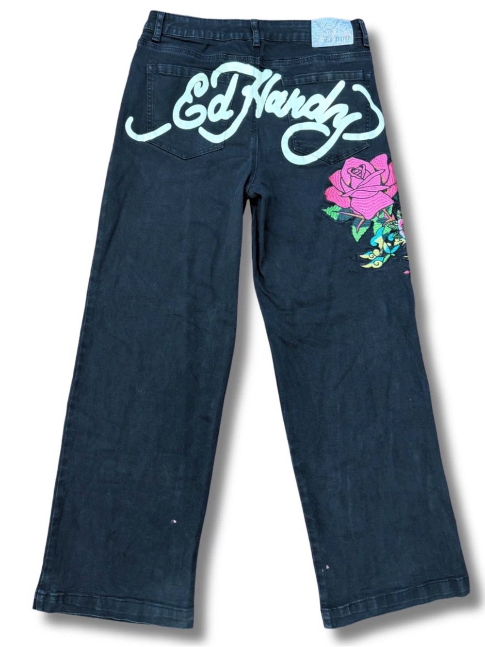 Ed Hardy Women 30 Black Wide Leg Jeans Skull Rose Embroider Stretch Y2K Inspired